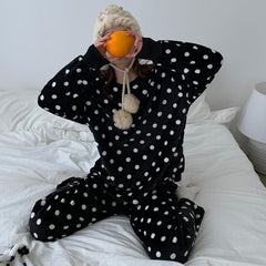 Black White Plush Comfy Polka Dot 2 Piece Pajama Set