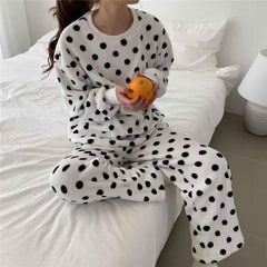 Black White Plush Comfy Polka Dot 2 Piece Pajama Set