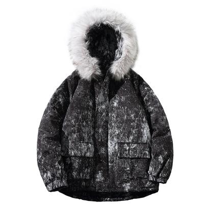 Black White Print Faux Fur Hood Warm Oversized Jacket