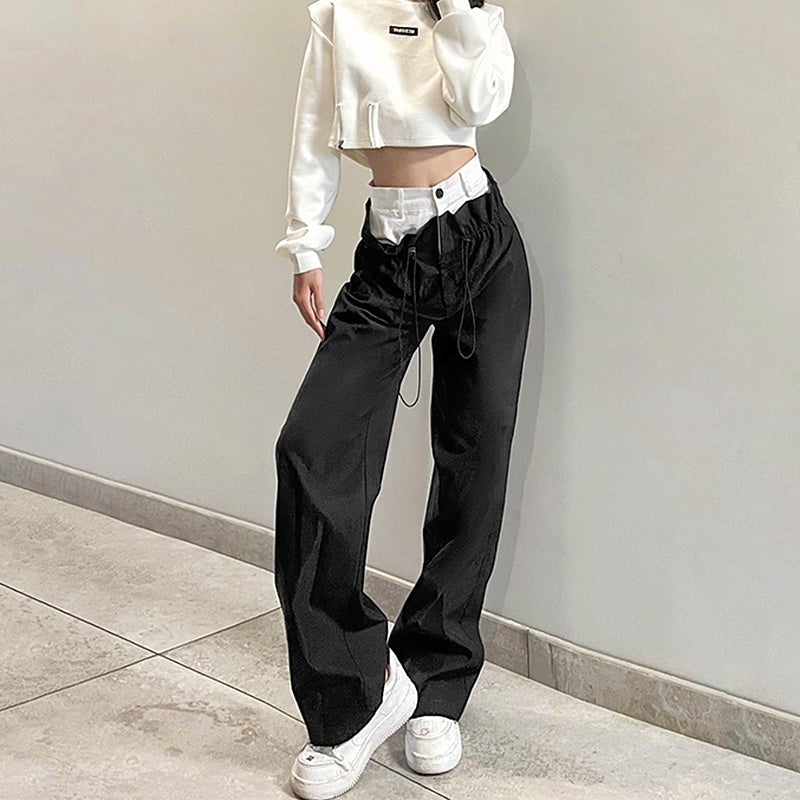 Black White Techwear Drawstring Waist Loose Pants