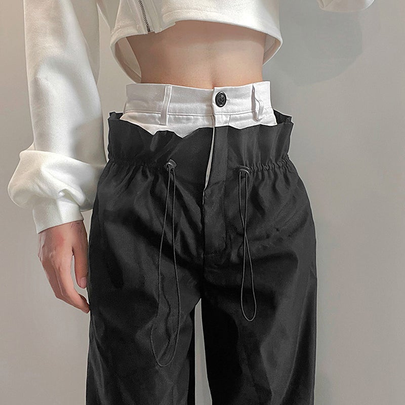 Black White Techwear Drawstring Waist Loose Pants