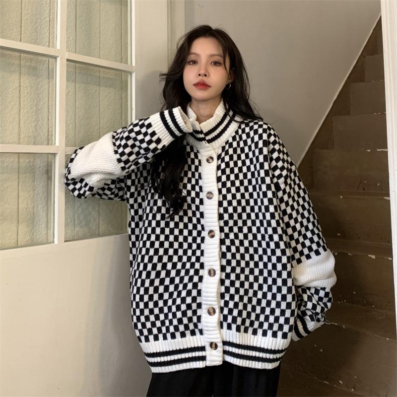 Black White Vintage Style Knitted Plaid Cardigan