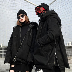 Black Winter Fur Hood Unisex Coat Jacket