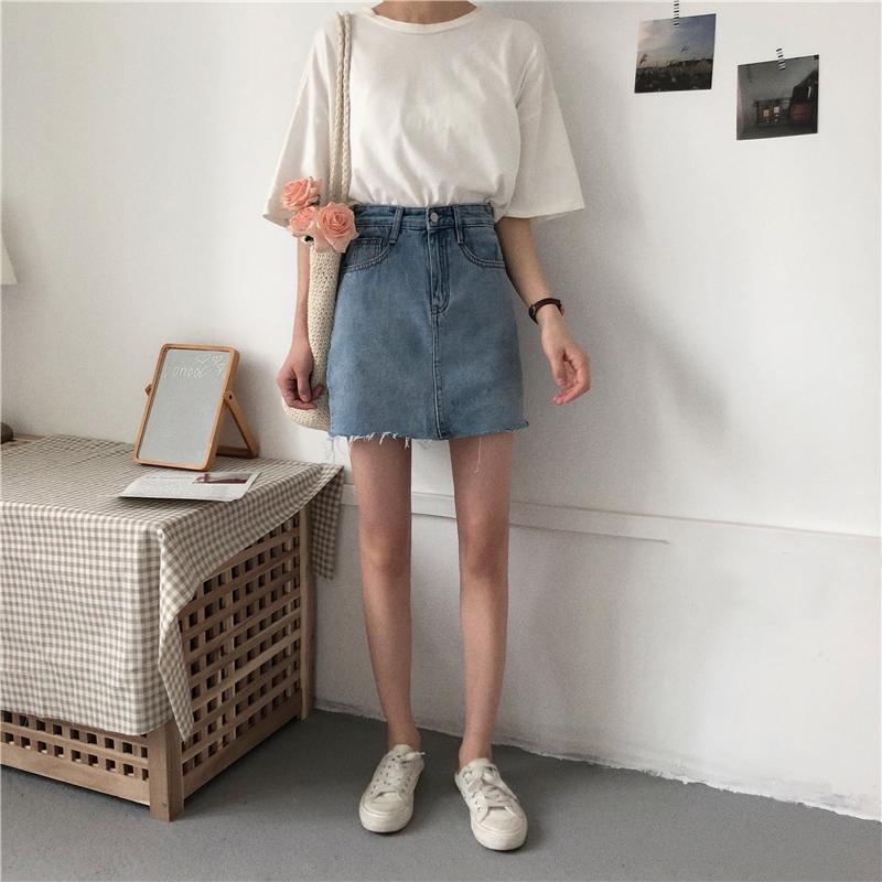 Blue Basic Denim Pencil Jean Skirt Ripped Edge With Hidden Shorts