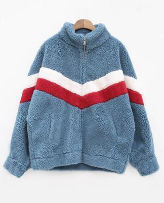 Blue Beige Bright Lines Fluffy Jacket