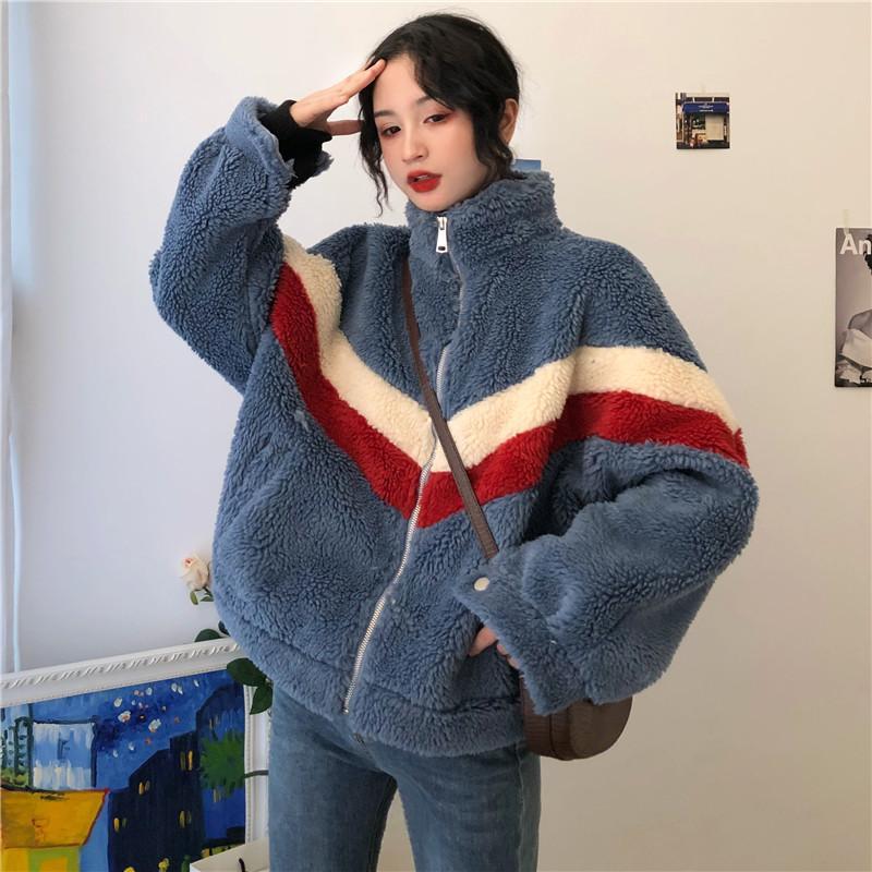 Blue Beige Bright Lines Fluffy Jacket