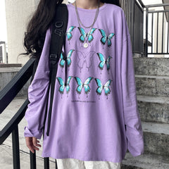 Blue Butterflies Printed Loose Longsleeve Shirt