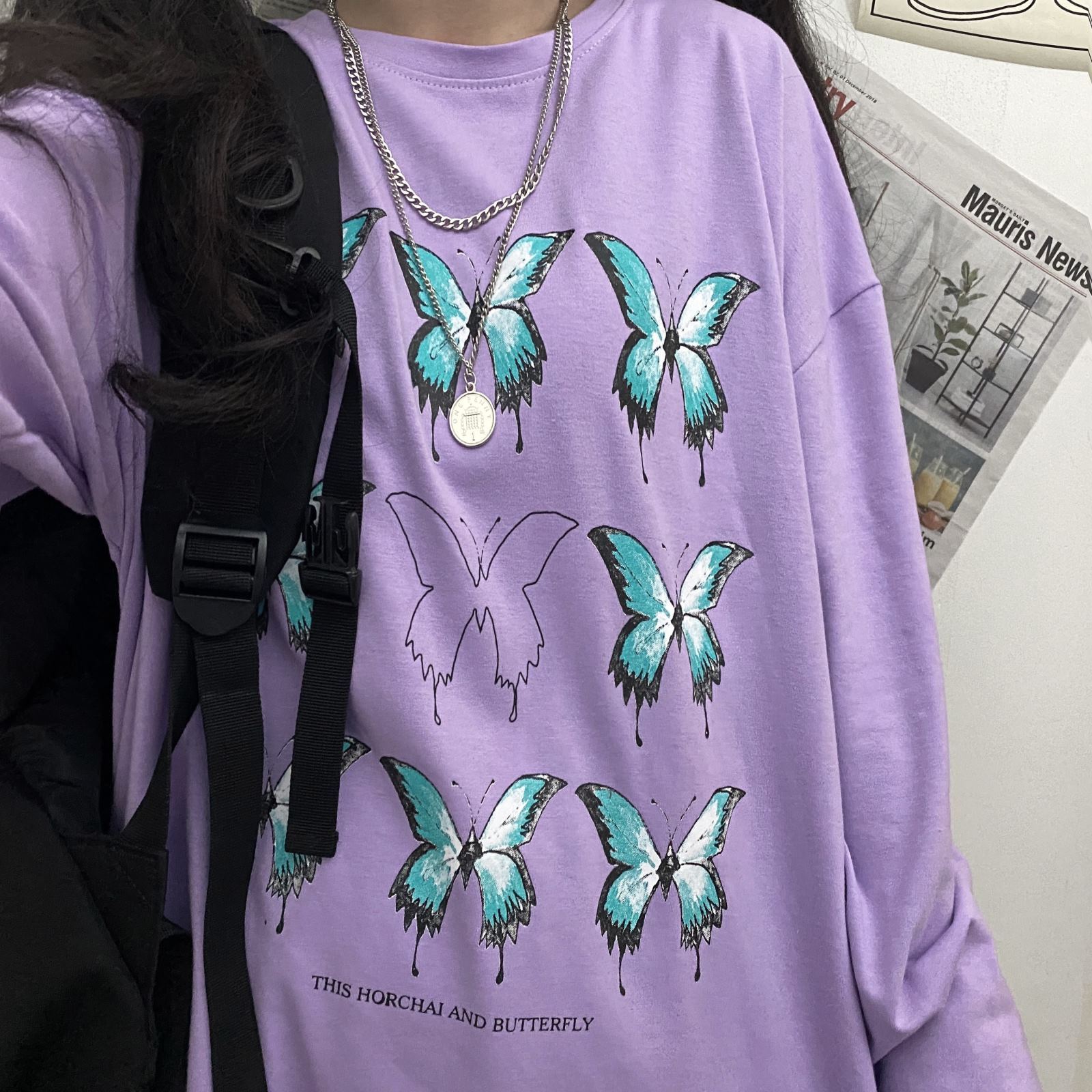 Blue Butterflies Printed Loose Longsleeve Shirt