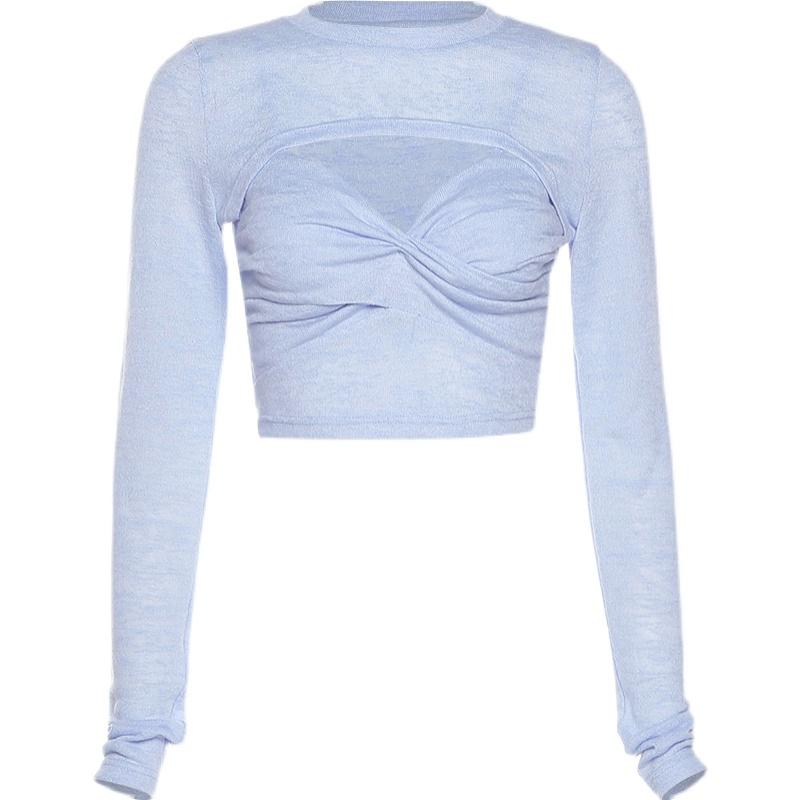 Blue Chest Cutout Thin 2 Piece Sleeves + Strap Crop Top