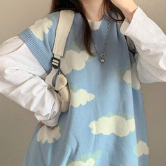 Blue Clouds Cute Aesthetic Loose Knit Vest Sweater