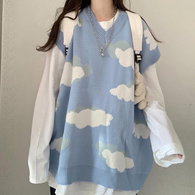 Blue Clouds Cute Aesthetic Loose Knit Vest Sweater