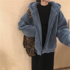 Blue Dark Green Curly Faux Fur Loose Hooded Jacket