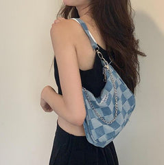 Blue Denim Aesthetic Checkered Thin Chain Canvas Bag