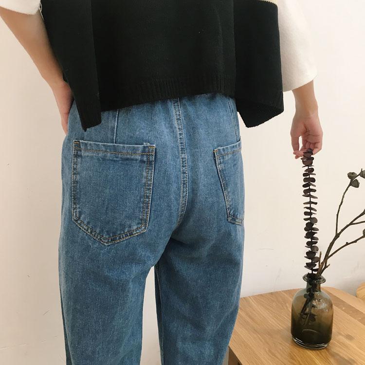 Blue Denim Big Front Pockets Elastic Waist Loose Pants