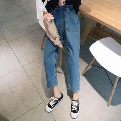 Blue Denim Big Front Pockets Elastic Waist Loose Pants