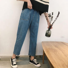 Blue Denim Big Front Pockets Elastic Waist Loose Pants