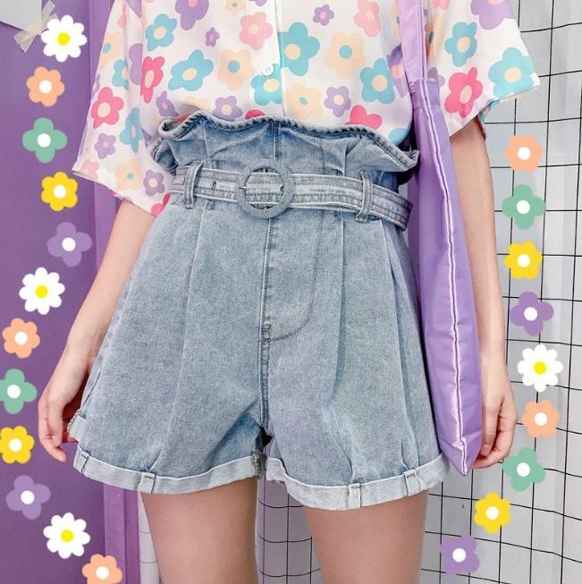 Blue Denim High Waist Wide Loose Shorts