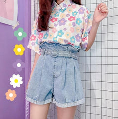 Blue Denim High Waist Wide Loose Shorts