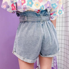 Blue Denim High Waist Wide Loose Shorts