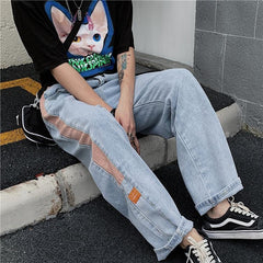 Blue Denim Peach Side Lines Retro High Waist Loose Pants