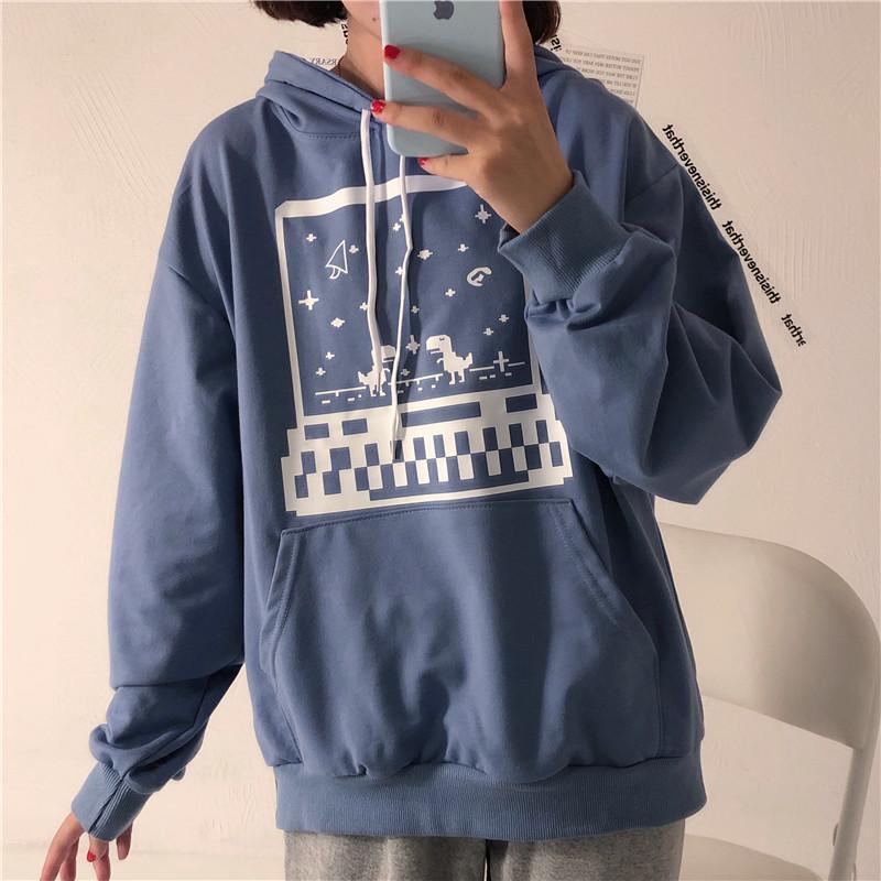 Blue Green Retro Video Game Print E Girl Sweatshirt