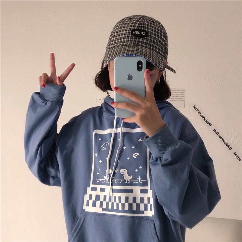 Blue Green Retro Video Game Print E Girl Sweatshirt