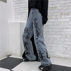 Blue Grunge Aesthetic Engraving Thorns Print Loose Jeans