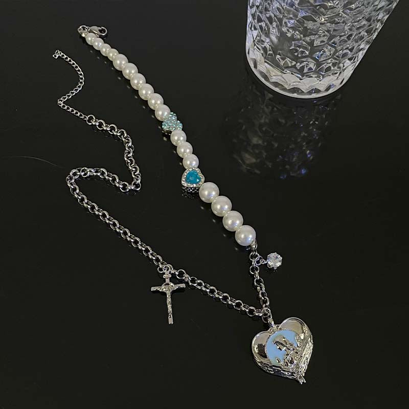 Blue Heart Pendant Silver Chain Pearl Beads Necklace