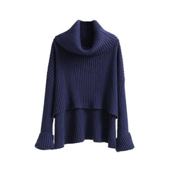 Blue High Collar Asymmetric Length Knitted Sweater