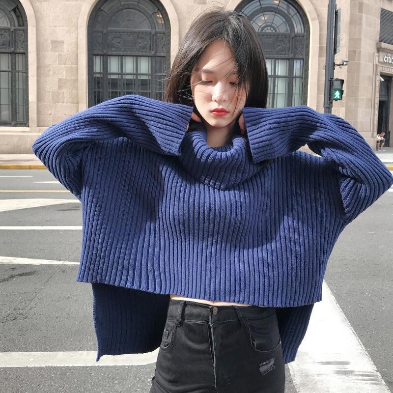 Blue High Collar Asymmetric Length Knitted Sweater