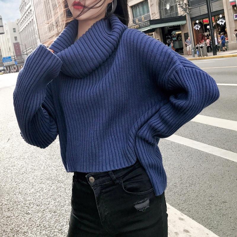 Blue High Collar Asymmetric Length Knitted Sweater