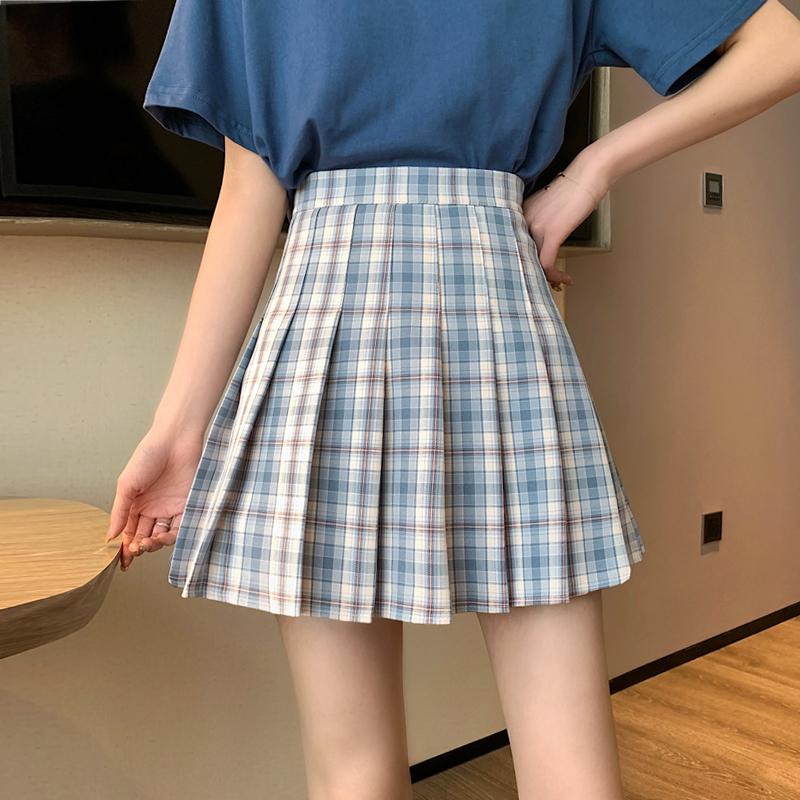 Blue Lilac Plaid High Waist Pleated Mini Skirt