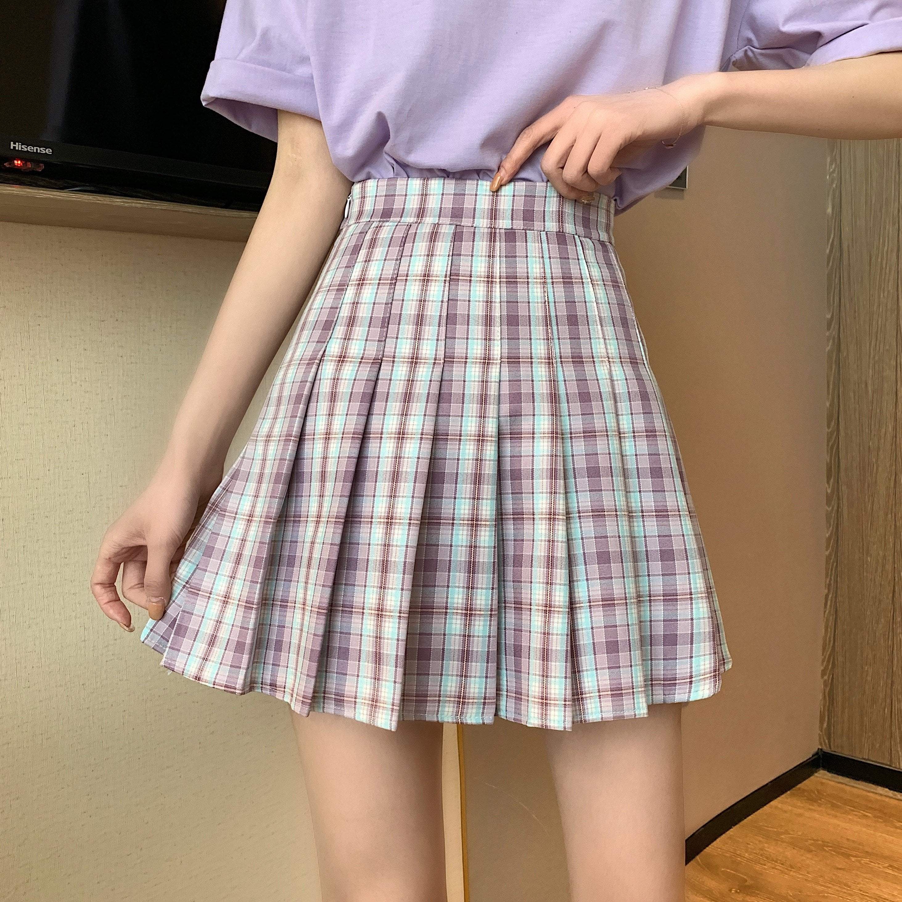 Blue Lilac Plaid High Waist Pleated Mini Skirt