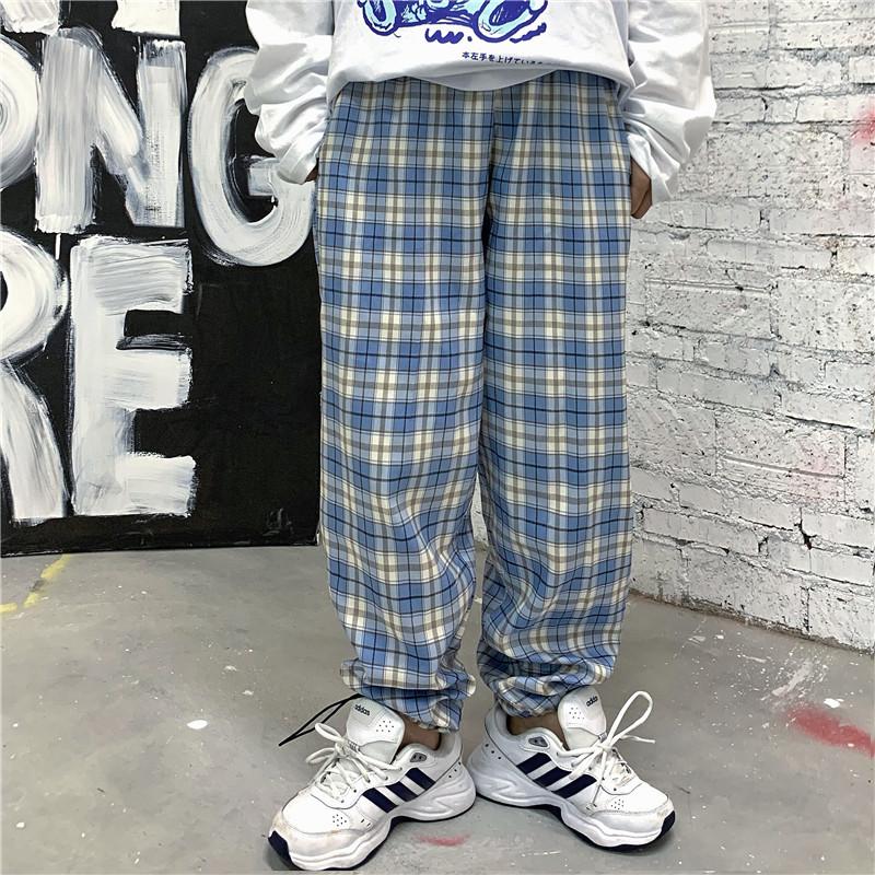 Blue Plaid Vintage Comfy High Waist Loose Pants