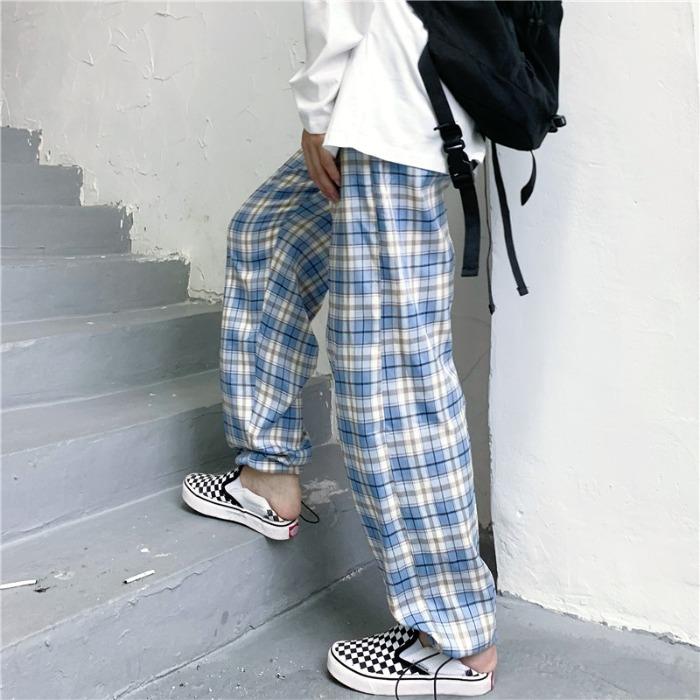 Blue Plaid Vintage Comfy High Waist Loose Pants