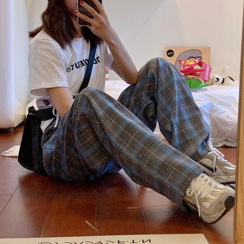 Blue Retro Plaid High Waist Loose Pants