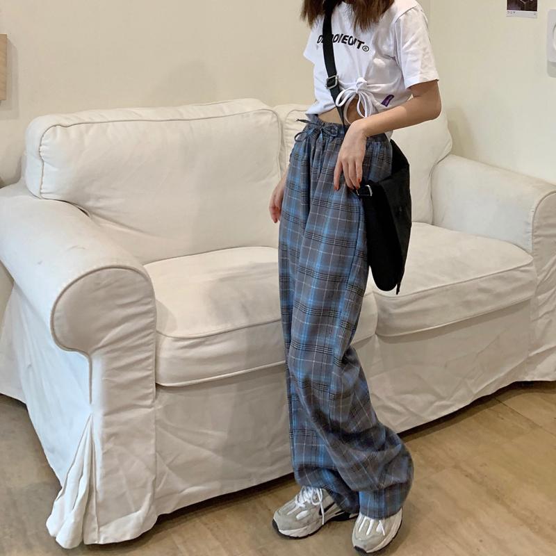 Blue Retro Plaid High Waist Loose Pants