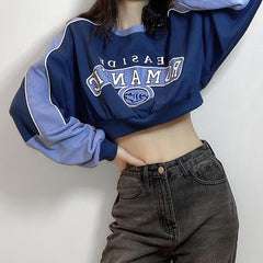 Blue Retro Sporty Waist Band Cropped 90S Sweatshirt