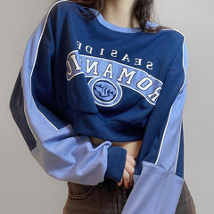 Blue Retro Sporty Waist Band Cropped 90S Sweatshirt