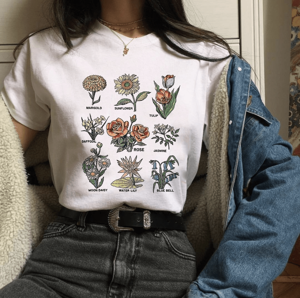 Botanical Print Aesthetic Girl White T-Shirt