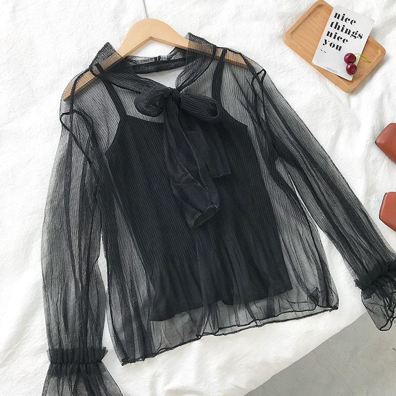 Bow Tie Transparent Trumpet Sleeve Mesh Blouse