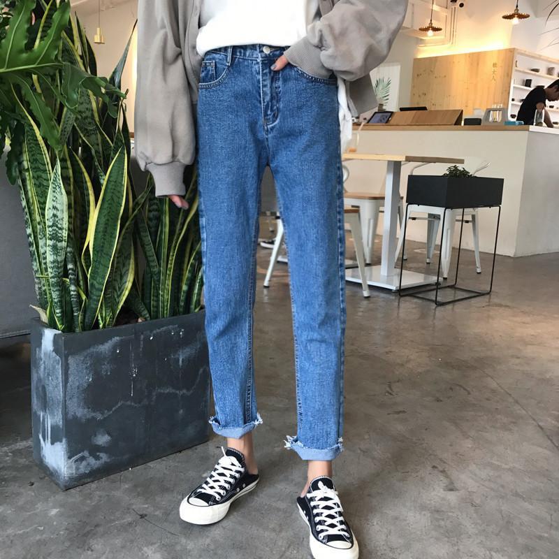 Boyfriend Denim Ripped Edges Light Navy Blue Jeans