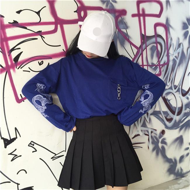 Bright Blue Black China Dragon Sleeve Print Pocket Chain Sweatshirt