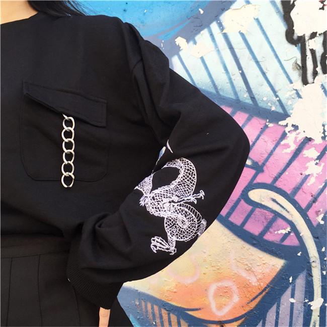 Bright Blue Black China Dragon Sleeve Print Pocket Chain Sweatshirt