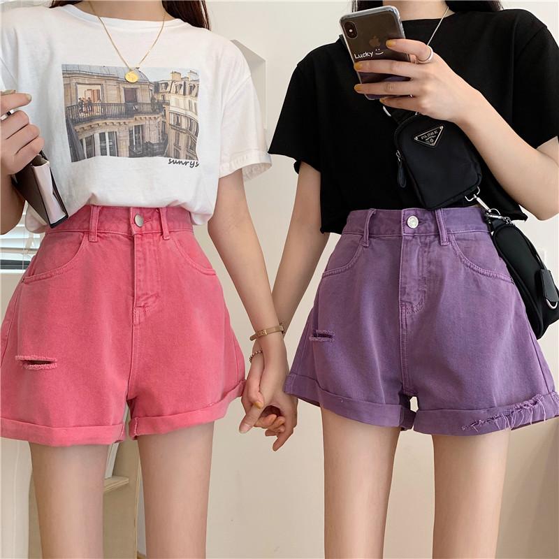 Bright Summer Colors High Waist Loose Denim Shorts