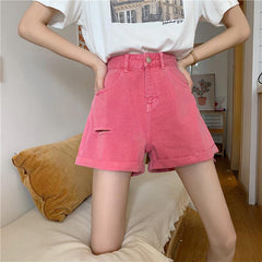 Bright Summer Colors High Waist Loose Denim Shorts