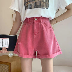 Bright Summer Colors High Waist Loose Denim Shorts