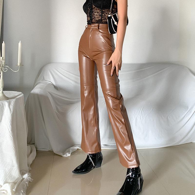 Brown Black Retro Pu Leather High Waist Pants