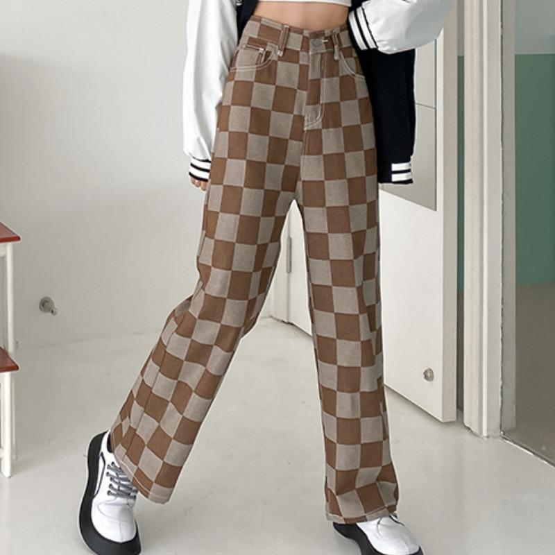 Brown Plaid 90S Aesthetic High Waist Pants