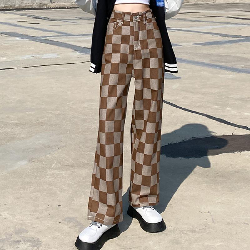 Brown Plaid 90S Aesthetic High Waist Pants